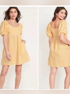 Old Navy Yellow & White Gingham Puffy Sleeve Babydoll Dress